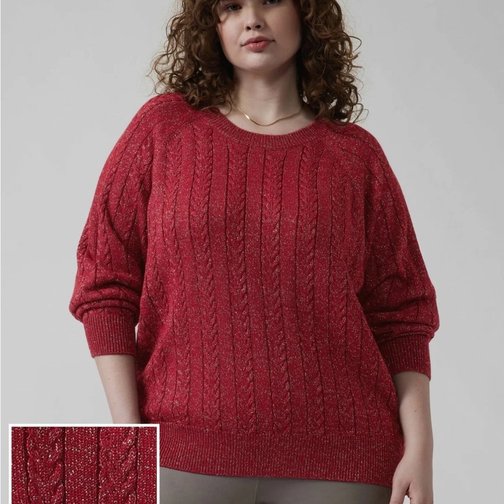 Athleta Crew Neck Cable Knit Sweater Red w/ Silver Mettalic Wool Blend 2X